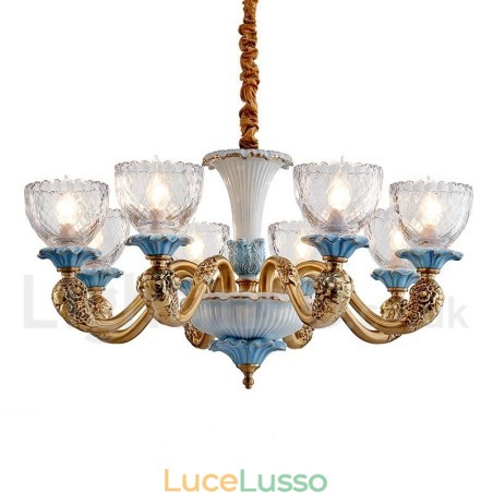 Lampadario a sospensione in ceramica in ottone retrò vintage con paralumi in vetro Lampadario a sospensione in ceramica in ottone retrò vintage con paralumi in vetro