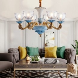 Lampadario a sospensione in ceramica in ottone retrò vintage con paralumi in vetro