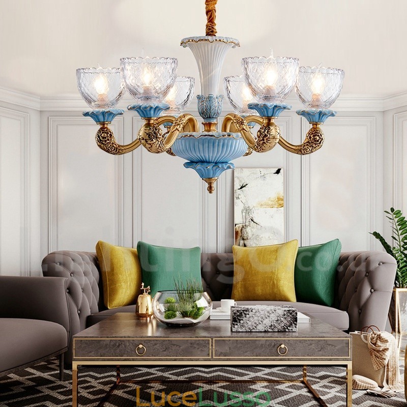 Lampadario a sospensione in ceramica in ottone retrò vintage con paralumi in vetro