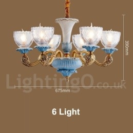 Lampadario a sospensione in ceramica in ottone retrò vintage con paralumi in vetro