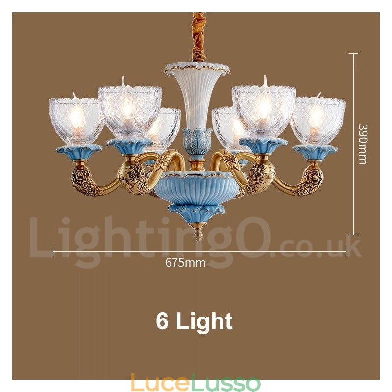 Lampadario a sospensione in ceramica in ottone retrò vintage con paralumi in vetro