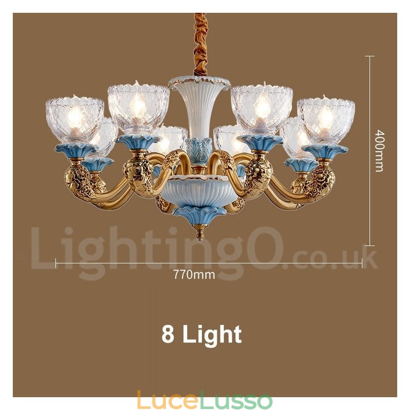 Lampadario a sospensione in ceramica in ottone retrò vintage con paralumi in vetro