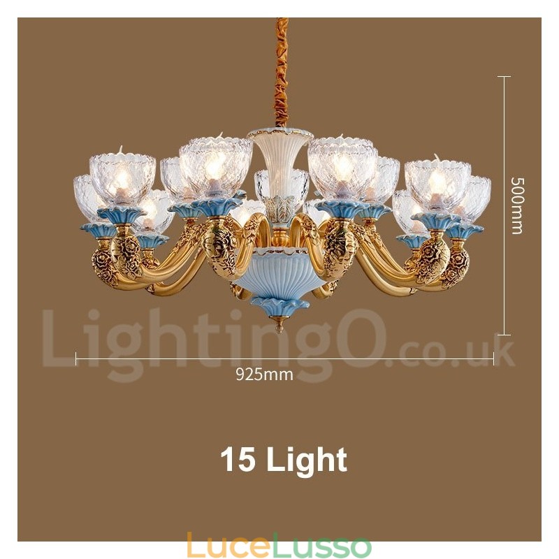 Lampadario a sospensione in ceramica in ottone retrò vintage con paralumi in vetro