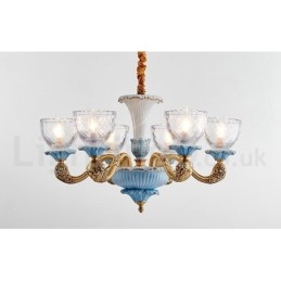 Lampadario a sospensione in ceramica in ottone retrò vintage con paralumi in vetro