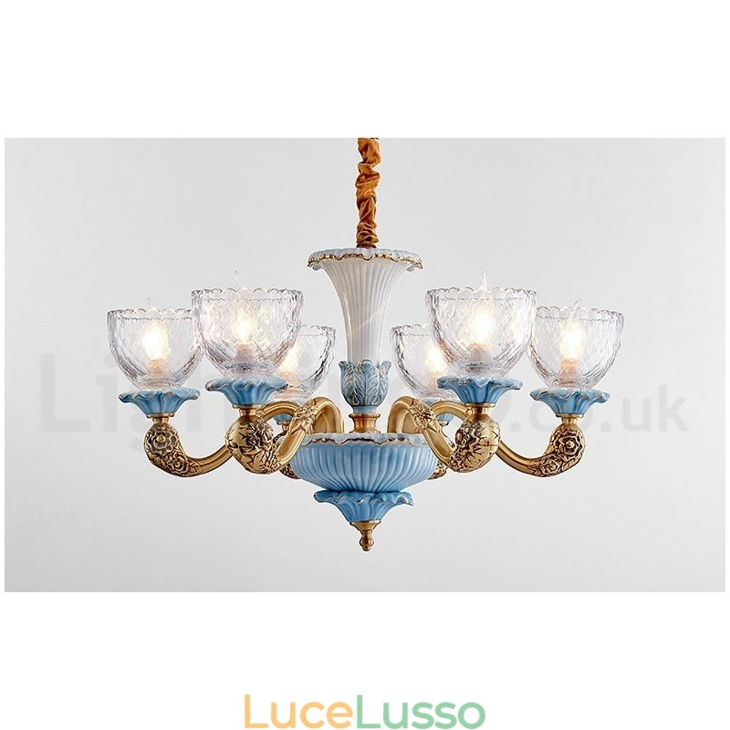 Lampadario a sospensione in ceramica in ottone retrò vintage con paralumi in vetro