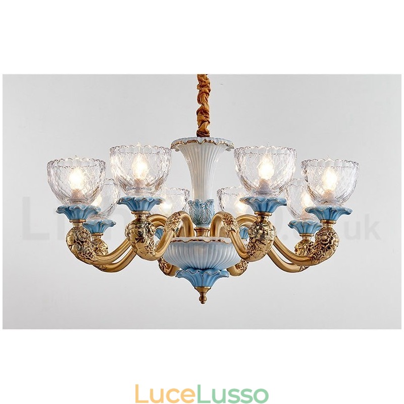 Lampadario a sospensione in ceramica in ottone retrò vintage con paralumi in vetro