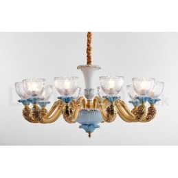 Lampadario a sospensione in ceramica in ottone retrò vintage con paralumi in vetro