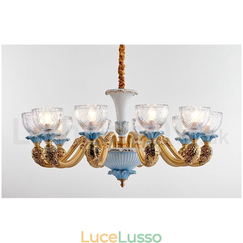 Lampadario a sospensione in ceramica in ottone retrò vintage con paralumi in vetro