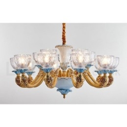 Lampadario a sospensione in ceramica in ottone retrò vintage con paralumi in vetro