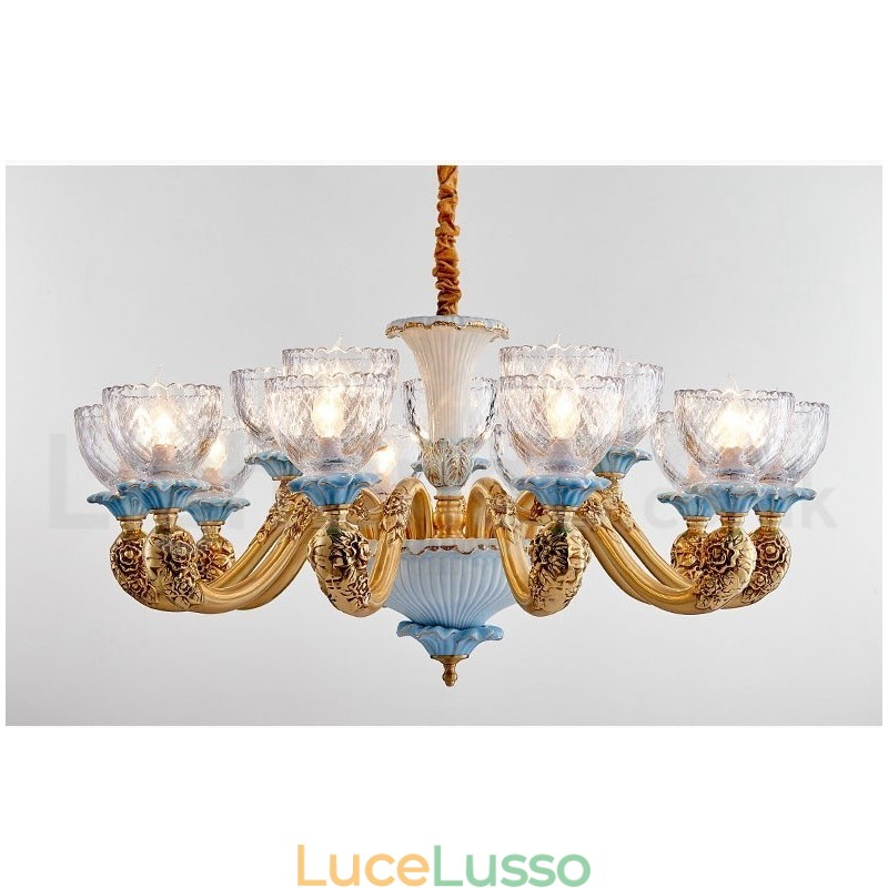 Lampadario a sospensione in ceramica in ottone retrò vintage con paralumi in vetro