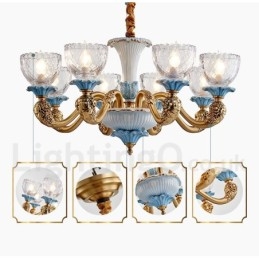 Lampadario a sospensione in ceramica in ottone retrò vintage con paralumi in vetro