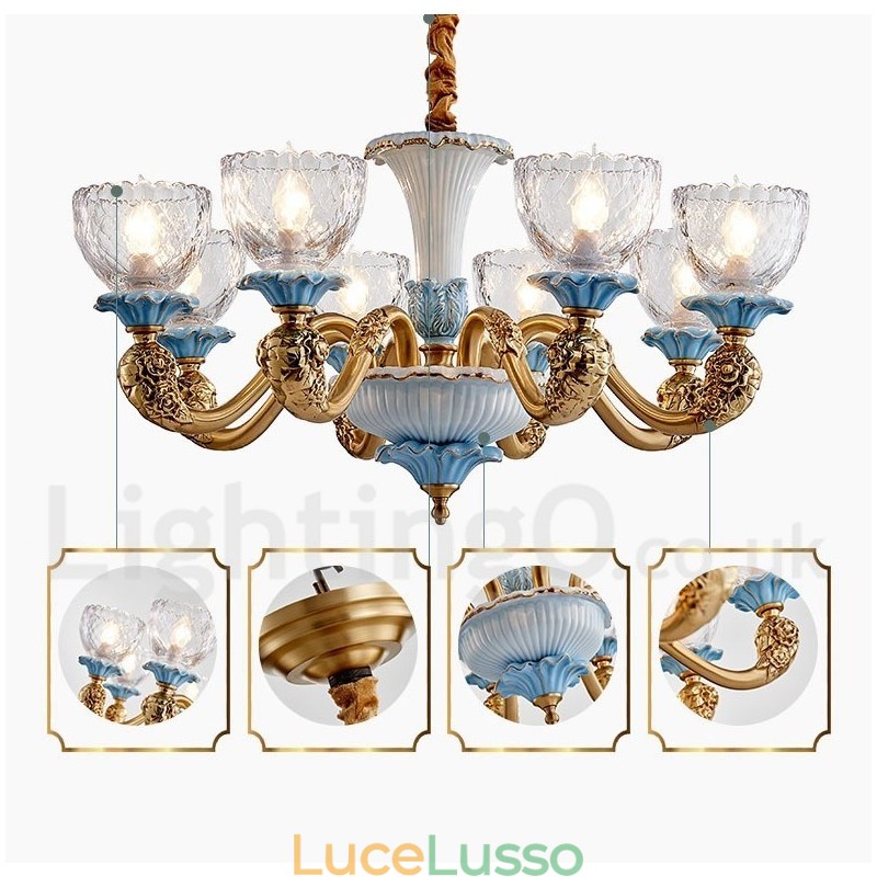 Lampadario a sospensione in ceramica in ottone retrò vintage con paralumi in vetro