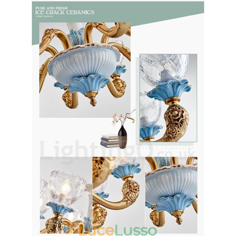 Lampadario a sospensione in ceramica in ottone retrò vintage con paralumi in vetro