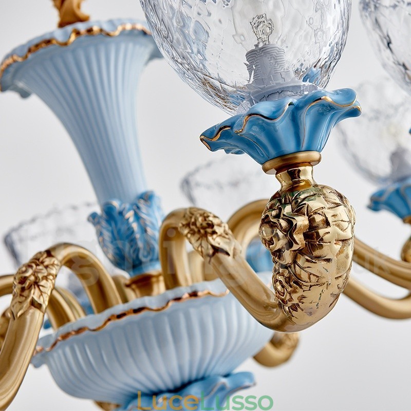 Lampadario a sospensione in ceramica in ottone retrò vintage con paralumi in vetro