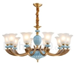 Lampadario a sospensione in ceramica in ottone retrò vintage con paralumi in vetro