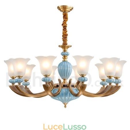 Lampadario a sospensione in ceramica in ottone retrò vintage con paralumi in vetro Lampadario a sospensione in ceramica in ottone retrò vintage con paralumi in vetro