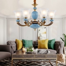 Lampadario a sospensione in ceramica in ottone retrò vintage con paralumi in vetro