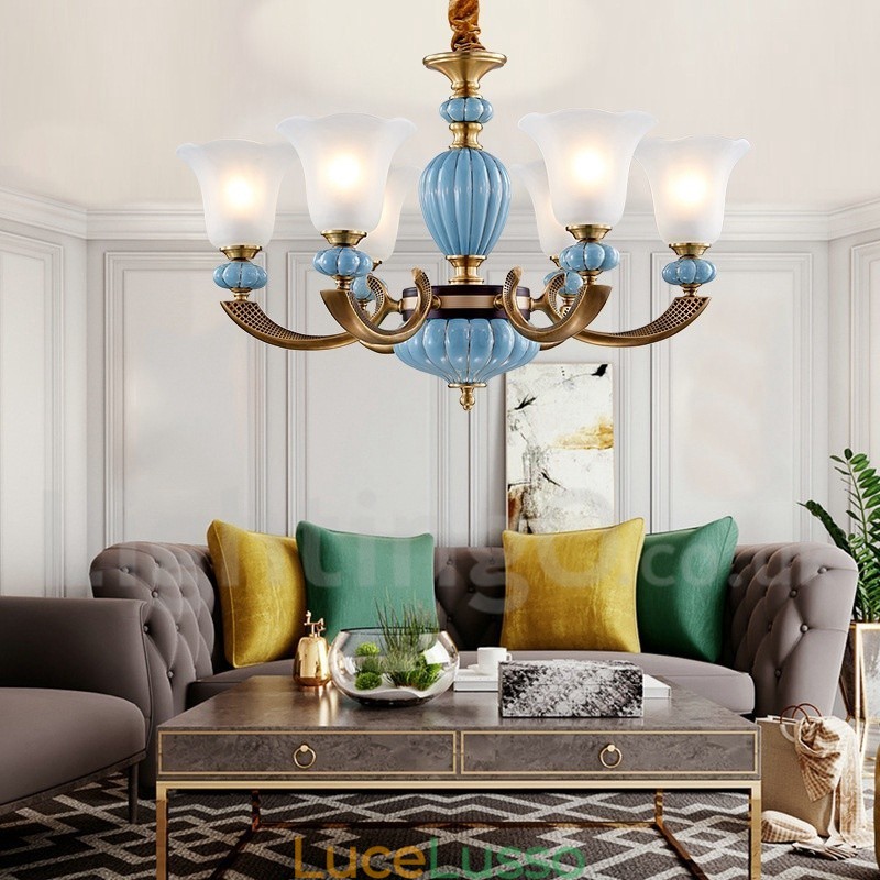 Lampadario a sospensione in ceramica in ottone retrò vintage con paralumi in vetro