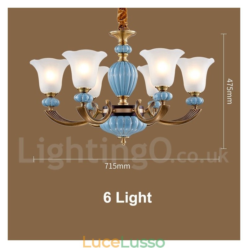 Lampadario a sospensione in ceramica in ottone retrò vintage con paralumi in vetro