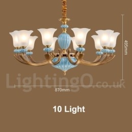 Lampadario a sospensione in ceramica in ottone retrò vintage con paralumi in vetro