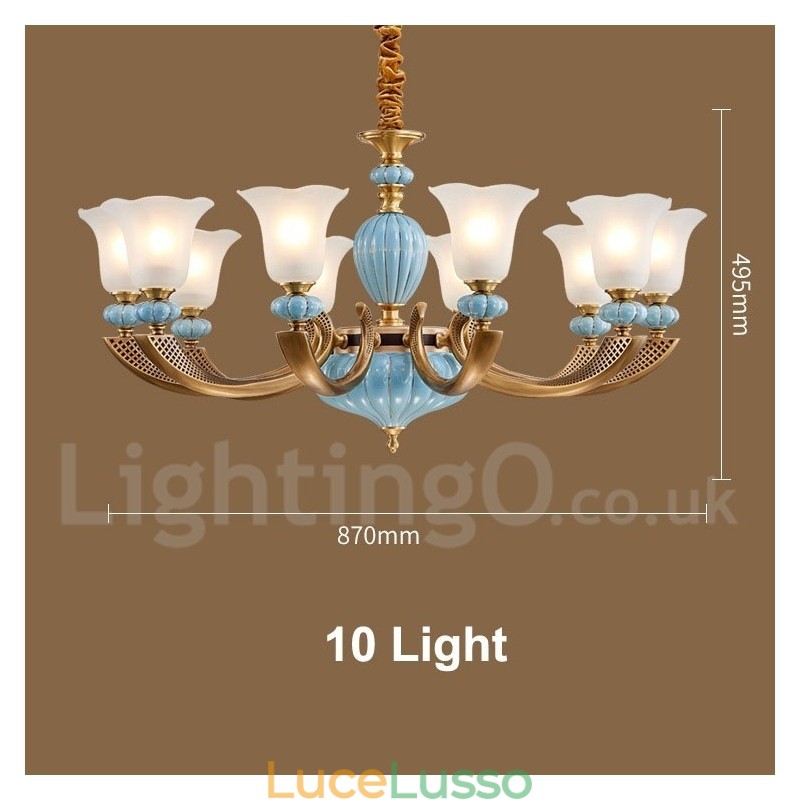 Lampadario a sospensione in ceramica in ottone retrò vintage con paralumi in vetro