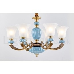 Lampadario a sospensione in ceramica in ottone retrò vintage con paralumi in vetro