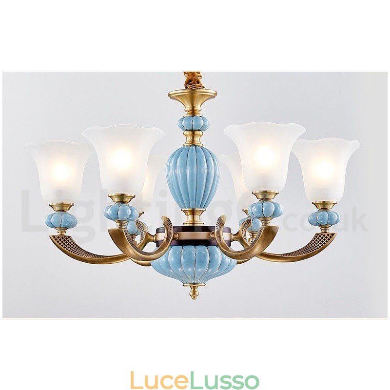 Lampadario a sospensione in ceramica in ottone retrò vintage con paralumi in vetro