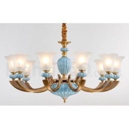Lampadario a sospensione in ceramica in ottone retrò vintage con paralumi in vetro