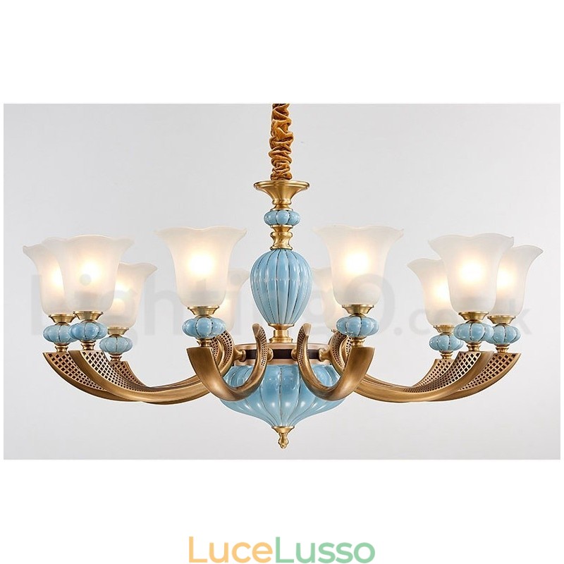 Lampadario a sospensione in ceramica in ottone retrò vintage con paralumi in vetro