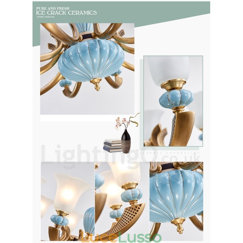 Lampadario a sospensione in ceramica in ottone retrò vintage con paralumi in vetro