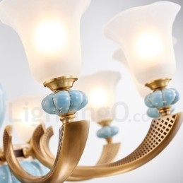 Lampadario a sospensione in ceramica in ottone retrò vintage con paralumi in vetro