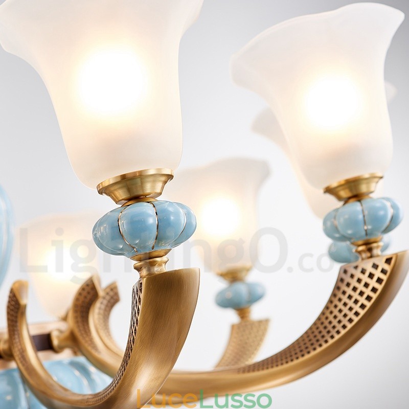 Lampadario a sospensione in ceramica in ottone retrò vintage con paralumi in vetro