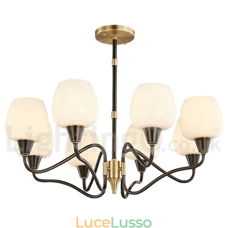 Lampadario a candela in ottone retrò vintage con paralumi in vetro