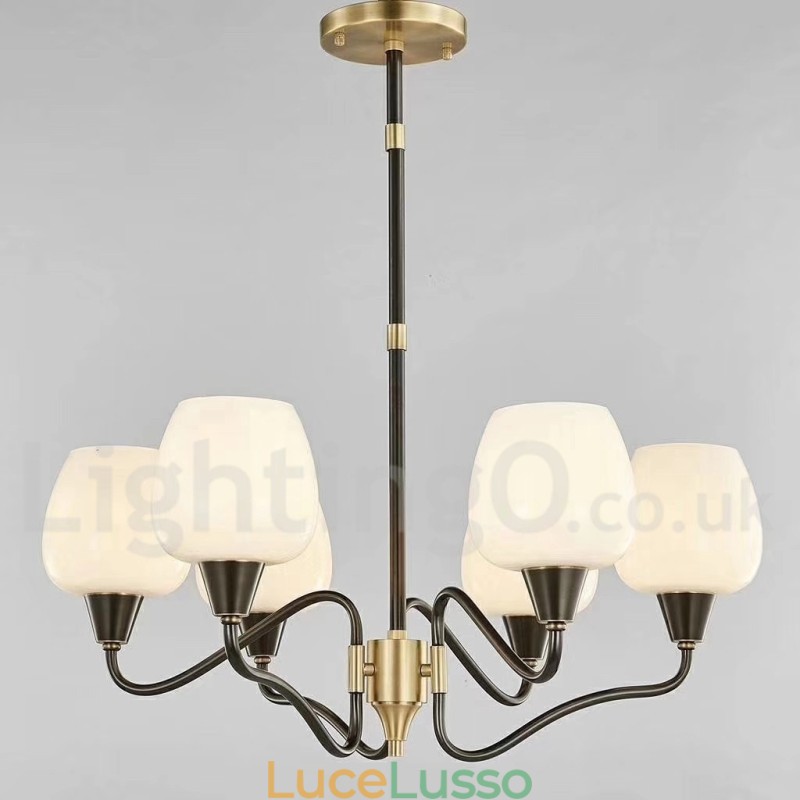 Lampadario a candela in ottone retrò vintage con paralumi in vetro