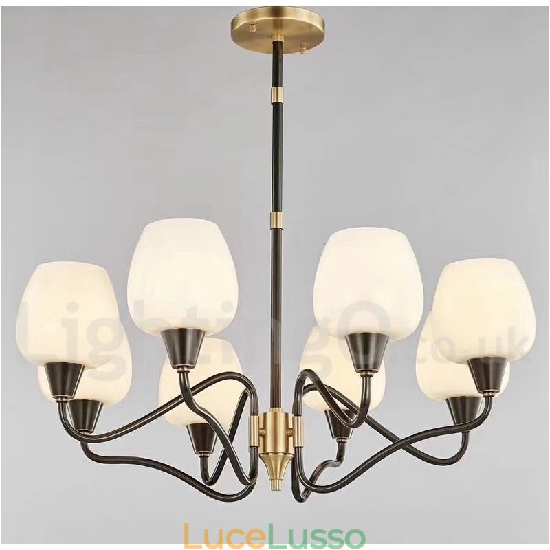 Lampadario a candela in ottone retrò vintage con paralumi in vetro