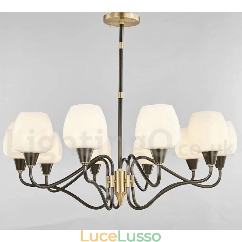 Lampadario a candela in ottone retrò vintage con paralumi in vetro