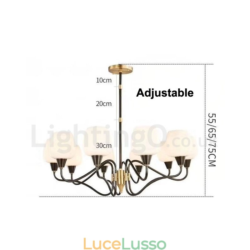 Lampadario a candela in ottone retrò vintage con paralumi in vetro