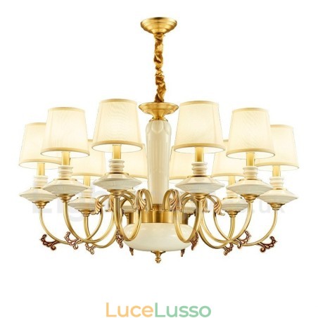 Lampadario a sospensione in ceramica in ottone retrò vintage con paralumi in tessuto Lampadario a sospensione in ceramica in ottone retrò vintage con paralumi in tessuto