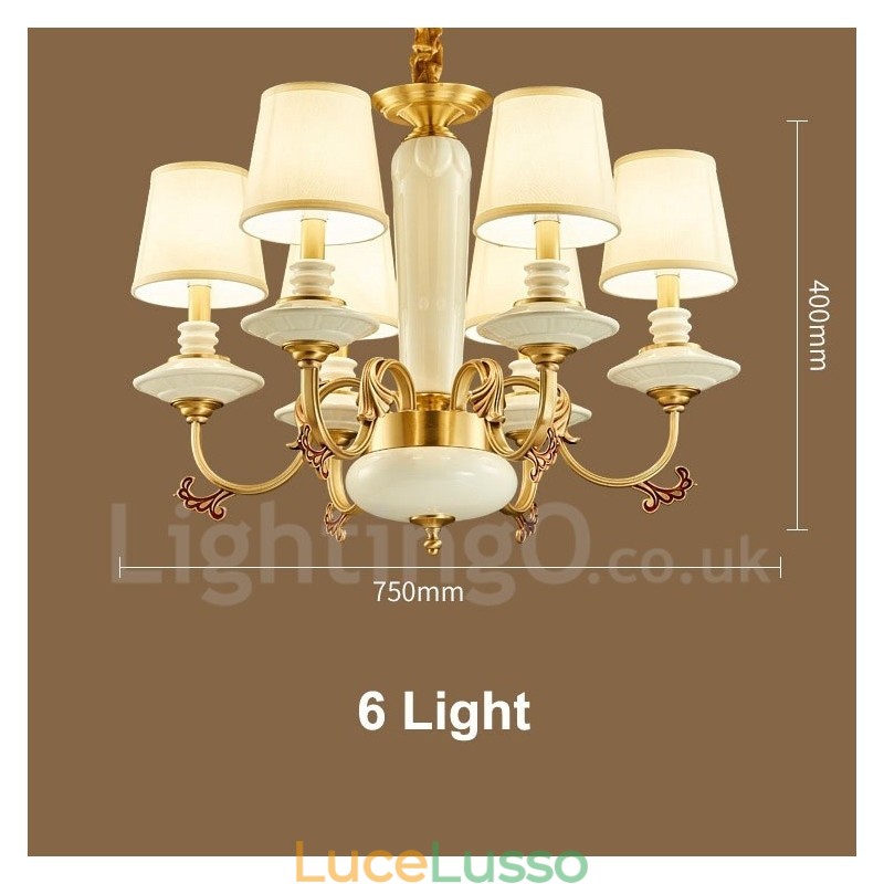 Lampadario a sospensione in ceramica in ottone retrò vintage con paralumi in tessuto