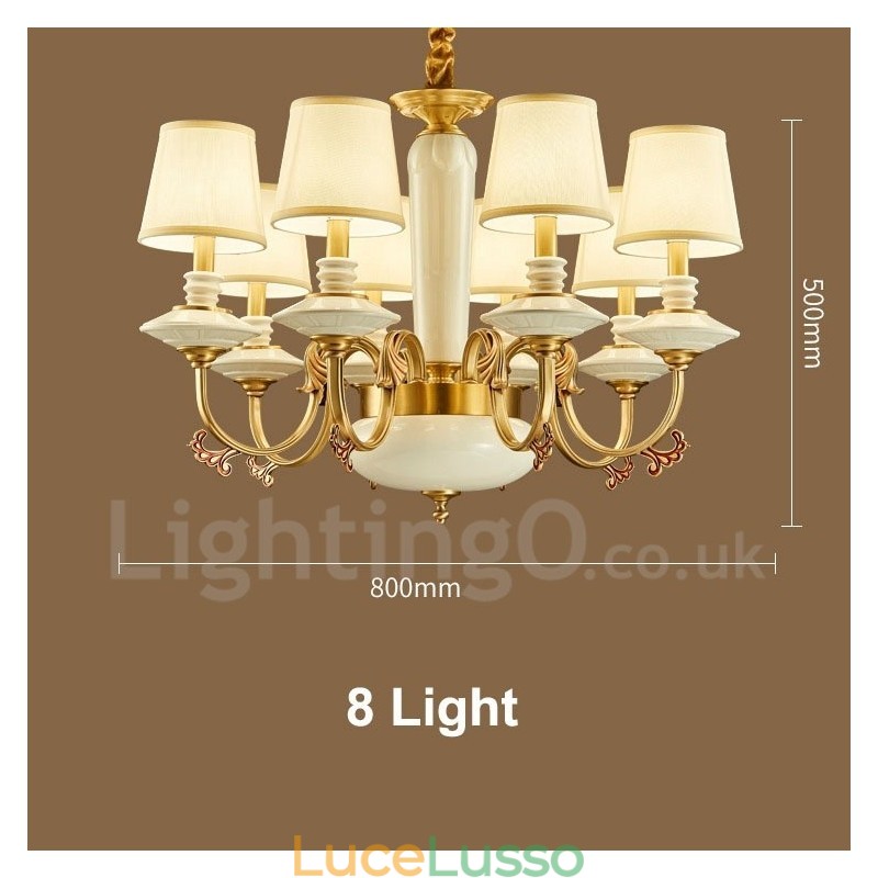 Lampadario a sospensione in ceramica in ottone retrò vintage con paralumi in tessuto