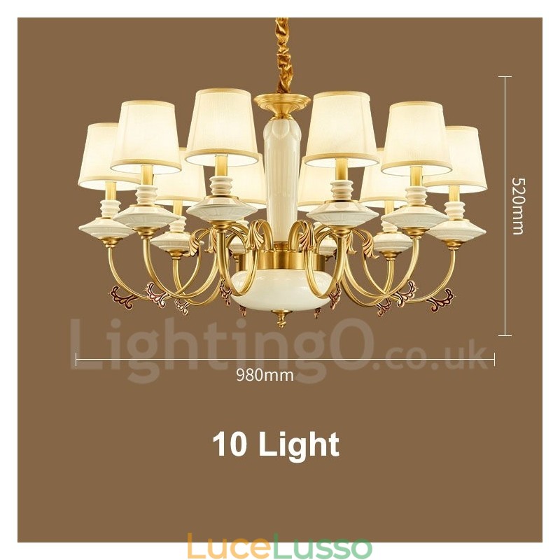 Lampadario a sospensione in ceramica in ottone retrò vintage con paralumi in tessuto