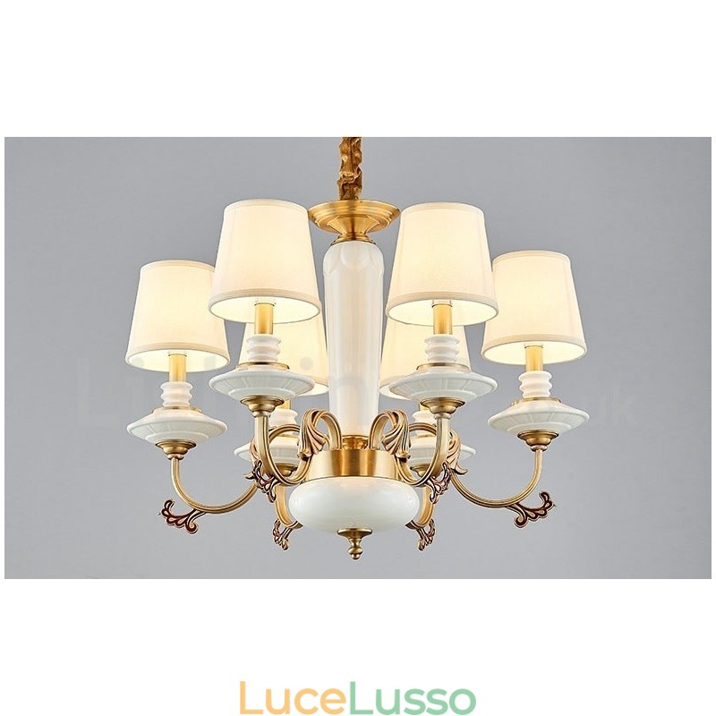Lampadario a sospensione in ceramica in ottone retrò vintage con paralumi in tessuto