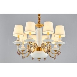 Lampadario a sospensione in ceramica in ottone retrò vintage con paralumi in tessuto