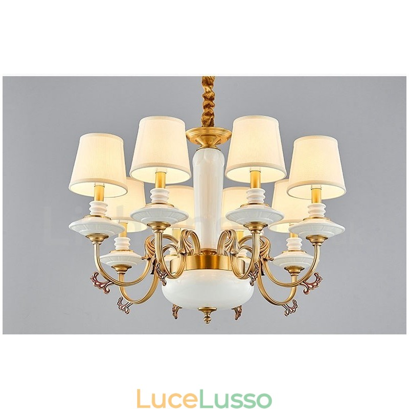 Lampadario a sospensione in ceramica in ottone retrò vintage con paralumi in tessuto