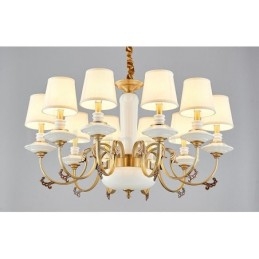 Lampadario a sospensione in ceramica in ottone retrò vintage con paralumi in tessuto
