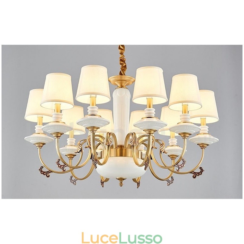 Lampadario a sospensione in ceramica in ottone retrò vintage con paralumi in tessuto