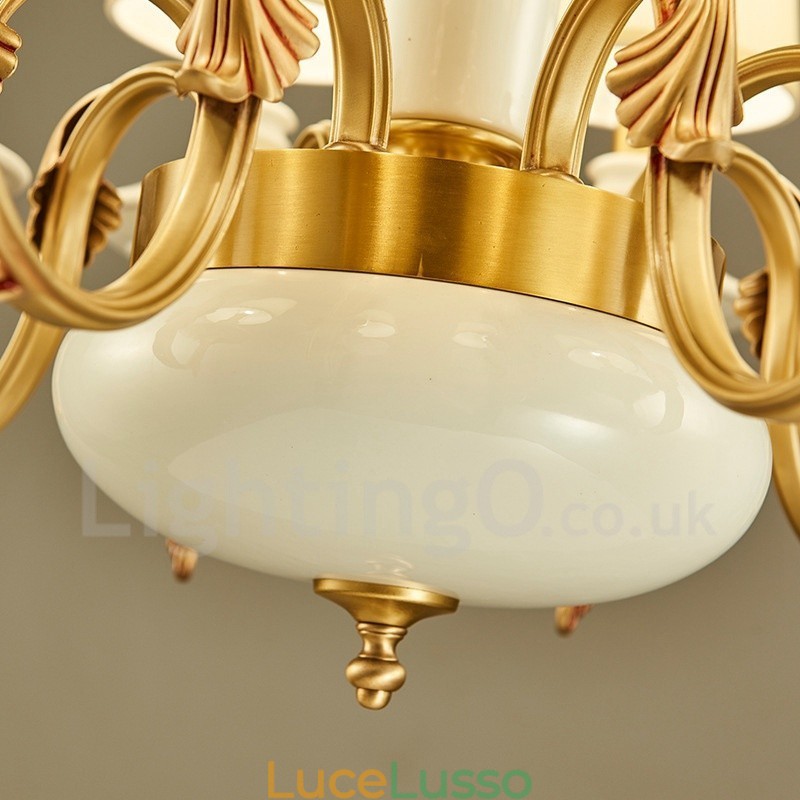 Lampadario a sospensione in ceramica in ottone retrò vintage con paralumi in tessuto