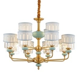 Lampadario a sospensione in ottone puro, rustico, retrò, vintage, in ceramica, con paralumi in tessuto e cristallo
