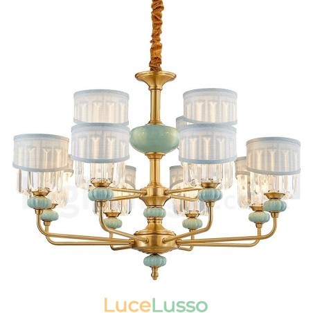 Lampadario a sospensione in ottone puro, rustico, retrò, vintage, in ceramica, con paralumi in tessuto e cristallo Lampadario a sospensione in ottone puro, rustico, retrò, vintage, in ceramica, con paralumi in tessuto e cristallo