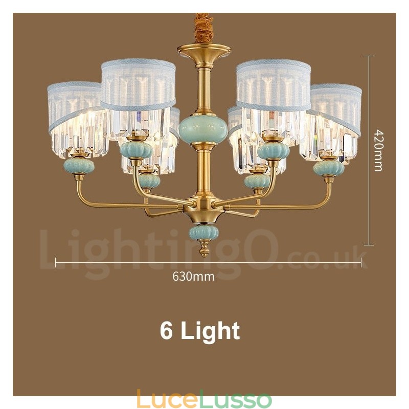 Lampadario a sospensione in ottone puro, rustico, retrò, vintage, in ceramica, con paralumi in tessuto e cristallo